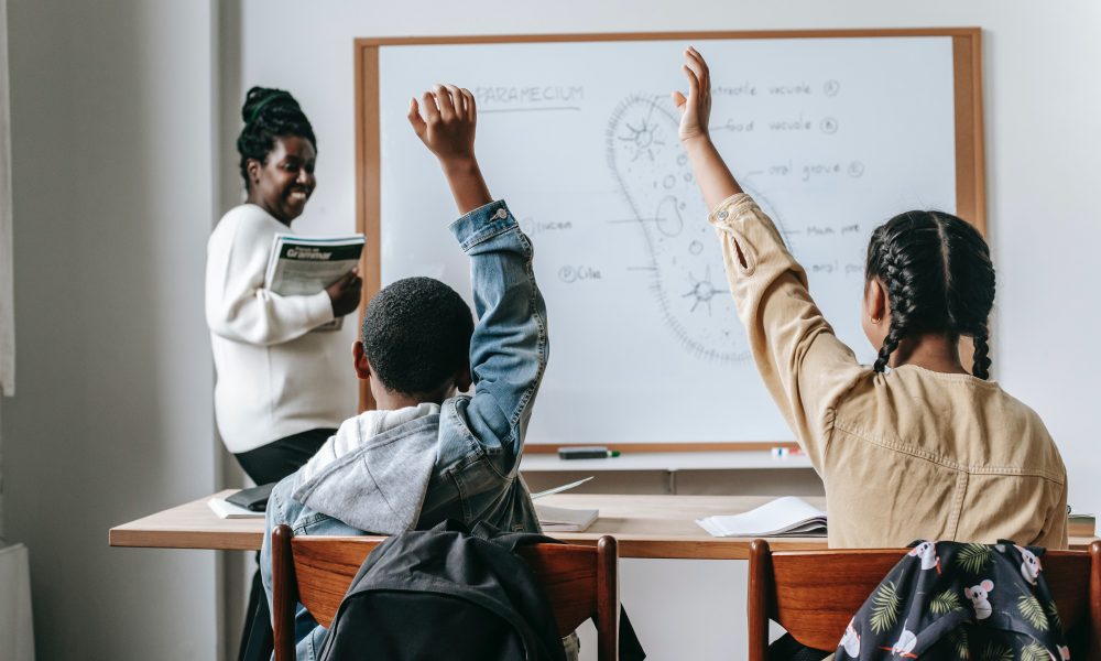 Two students raise their hands in a classroom. Photo courtesy Katerina Holmes on Pexels.