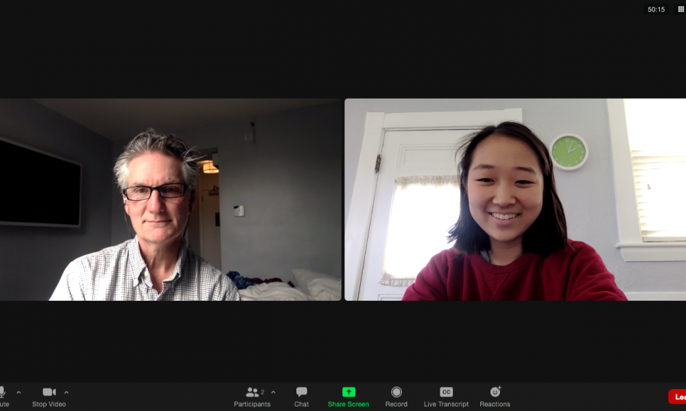 Screenshot of the Elizabeth Choi and James Lane on a Zoom video call. Photo courtesy of the author.