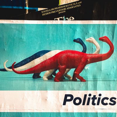 Poster of dinosaurs in American political colors