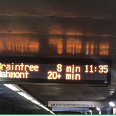 Image of MBTA train departure schedule- Image courtesy of Elizabeth Ablett
