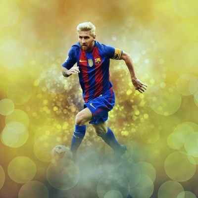 Image of Messi running with a gold background.