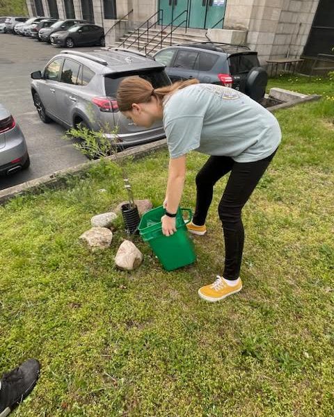 Photo of student cleaning up trash