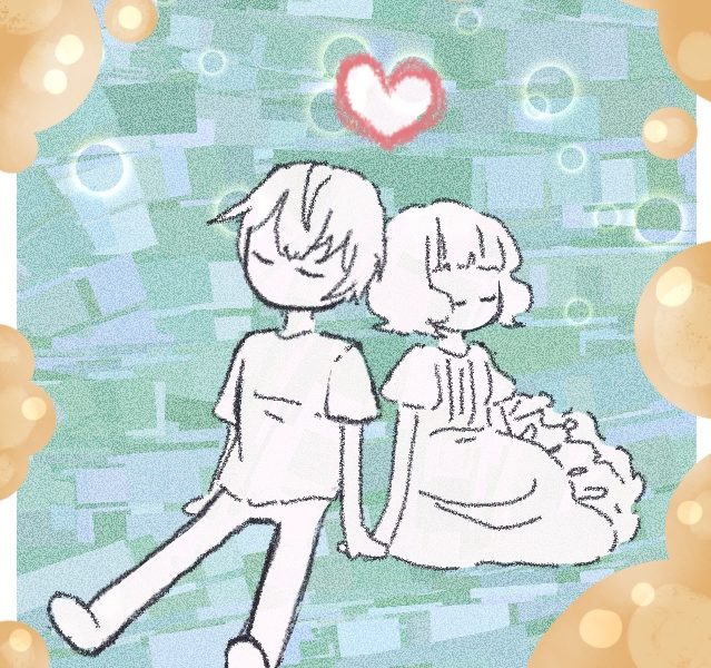 Drawing of two young people sitting with heart over it