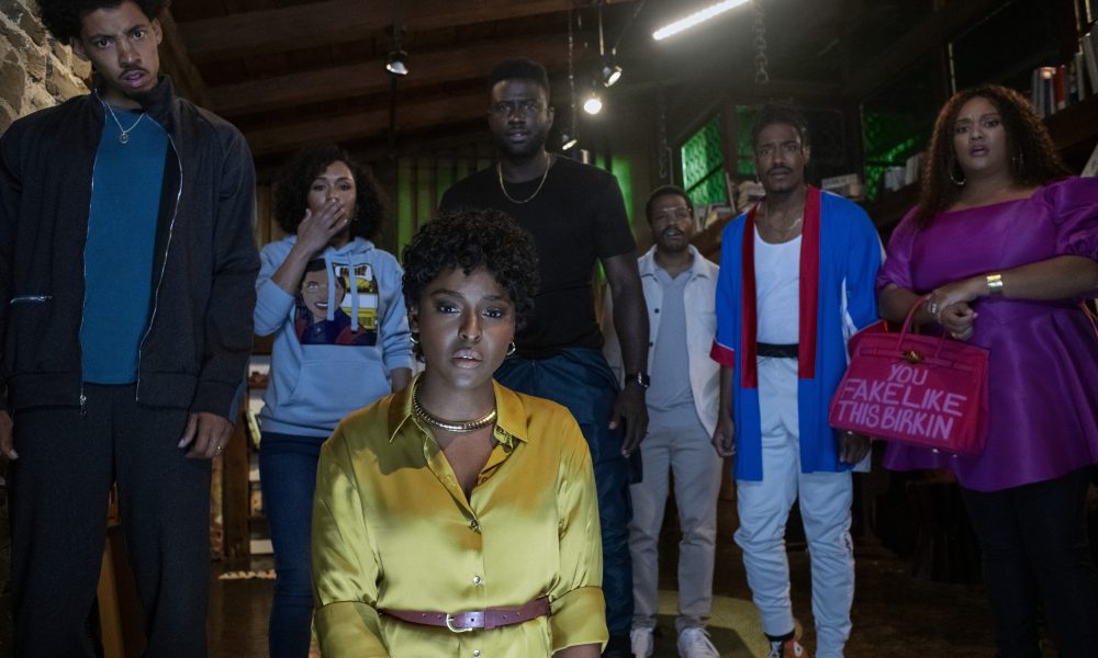 Melvin Gregg as King, Grace Byers as Allison, Antoinette Robertson as Lisa, Sinqua Walls as Nnamdi, Jermaine Fowler as Clifton, Dewayne Perkins as Dewayne, and Xochitl Mayo as Shanika in The Blackening. Photo Credit: Glen Wilson