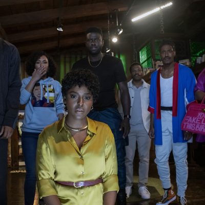 Melvin Gregg as King, Grace Byers as Allison, Antoinette Robertson as Lisa, Sinqua Walls as Nnamdi, Jermaine Fowler as Clifton, Dewayne Perkins as Dewayne, and Xochitl Mayo as Shanika in The Blackening. Photo Credit: Glen Wilson