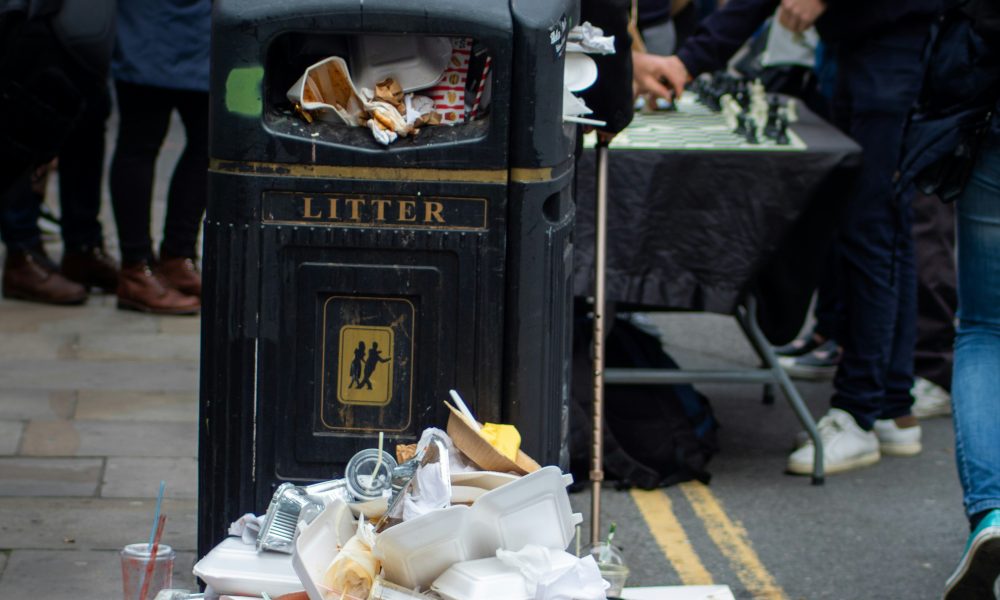 Photo of food waste on the ground next to a trash bin on a sidewalk. Photo courtesy of Paul Schellekens on Unsplash.
