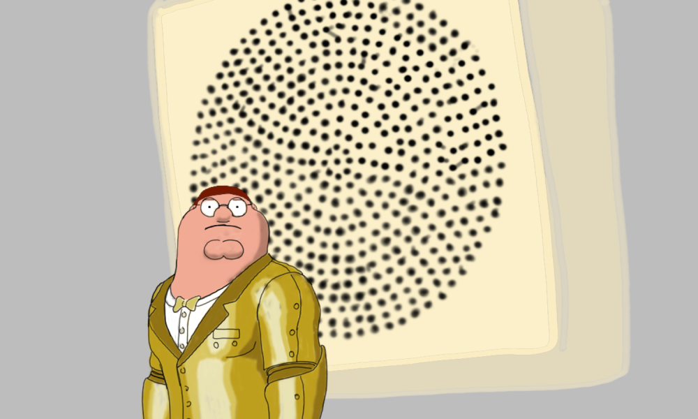 Illustration of the Peter Griffin skin from Fortnite standing in front of a giant beige high school intercom speaker.