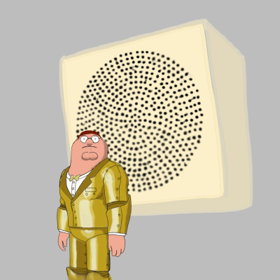 Illustration of the Peter Griffin skin from Fortnite standing in front of a giant beige high school intercom speaker.