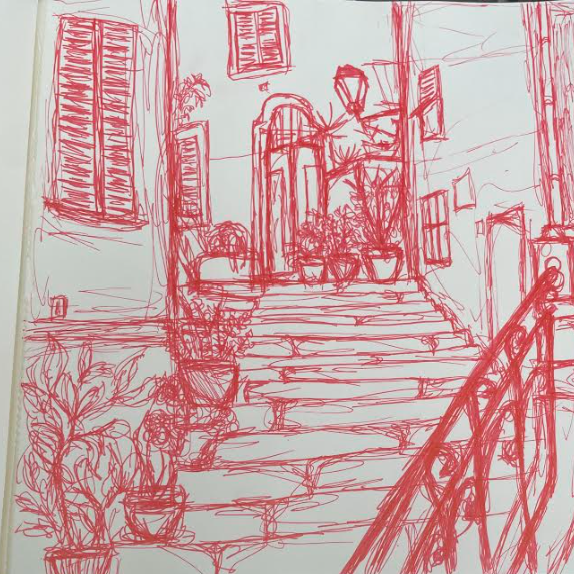 A sketch in red pencil of a cobblestone pathway edged with potted plants, with the front door of a home at the end of it.