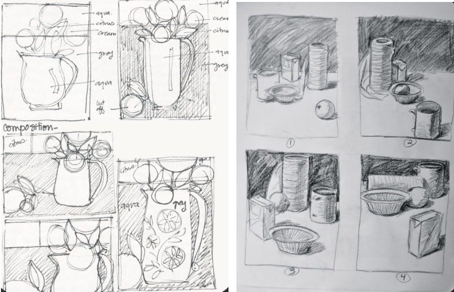 Small black and white pencil sketches of various still lifes.