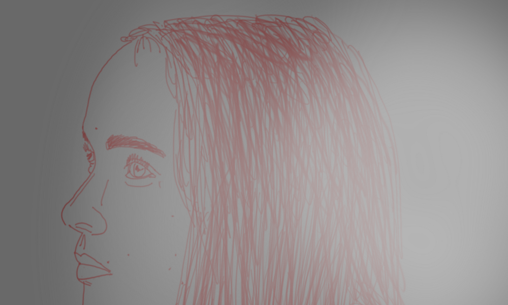 Illustration of Shelby Hewitt in red on a solid grey background, her features blurred by bright white paint laid over her.