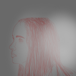 Illustration of Shelby Hewitt in red on a solid grey background, her features blurred by bright white paint laid over her.