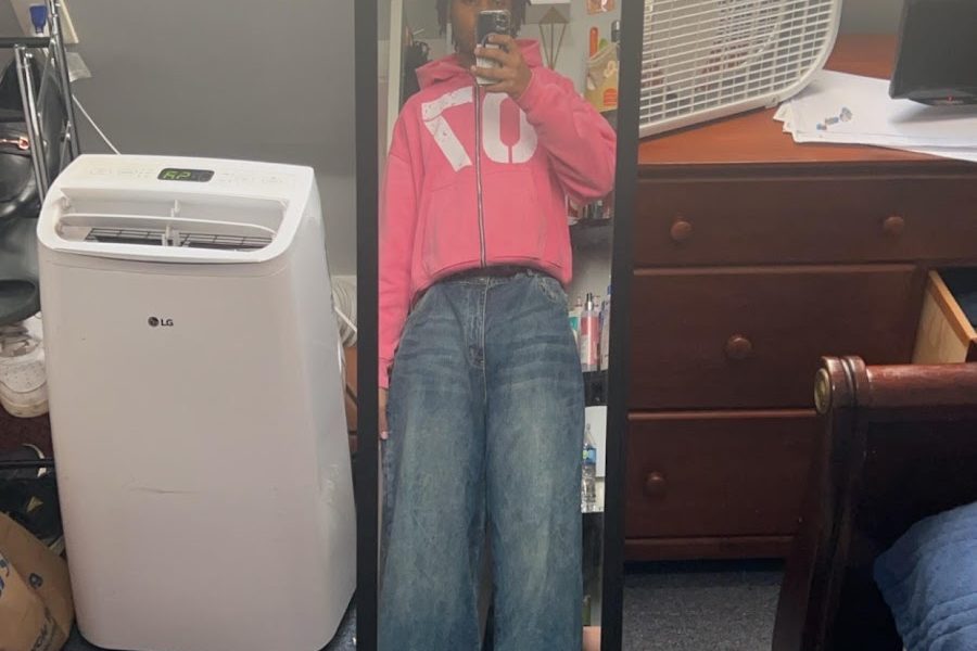 Full length mirror selfie of the author, a Black teen, wearing baggie pants and a cropped pink 70 hoodie.