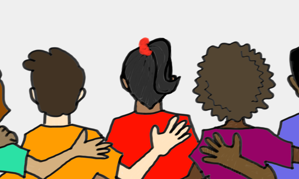 Illustration of teens with their arms around one another, backs to the viewer.