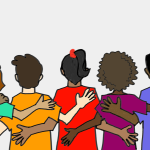 Illustration of teens with their arms around one another, backs to the viewer.