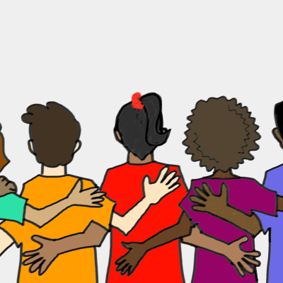 Illustration of teens with their arms around one another, backs to the viewer.