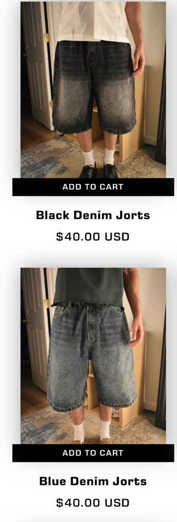 Clipping from a website selling denim jorts for $40 a pair