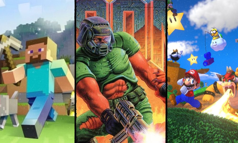 Minecraft, Doom, and Super Mario images set side by side