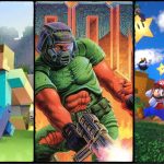 Minecraft, Doom, and Super Mario images set side by side