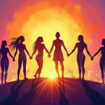 Illustrated silhouettes of diverse women, holding hands in front of an illustrated sunset.