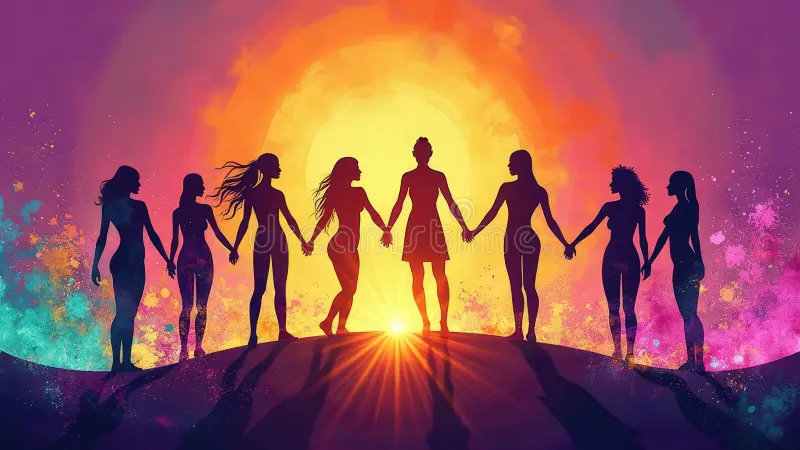 Illustrated silhouettes of diverse women, holding hands in front of an illustrated sunset.