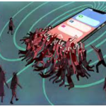 Vector image of a phone with notifications on it and miniature people swarming around the phone.