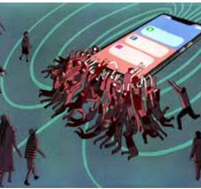 Vector image of a phone with notifications on it and miniature people swarming around the phone.