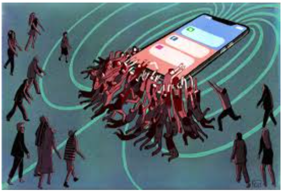 Vector image of a phone with notifications on it and miniature people swarming around the phone.