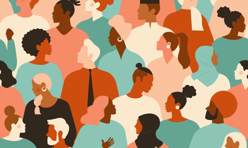 Crowd of young and elderly men and women in trendy hipster clothes. Diverse group of stylish people standing together. Society or population, social diversity. Flat cartoon vector illustration