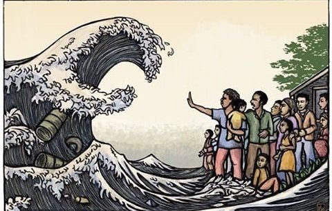 Political cartoon of a wave threatening a BIPOC community.