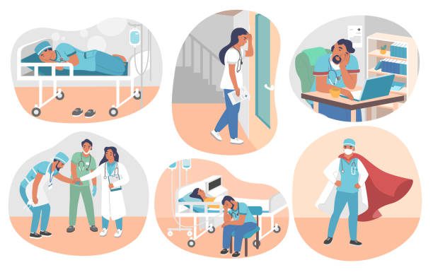 Infographic vector illustration of nurses / hospital workers doing lifesaving work while being tired.