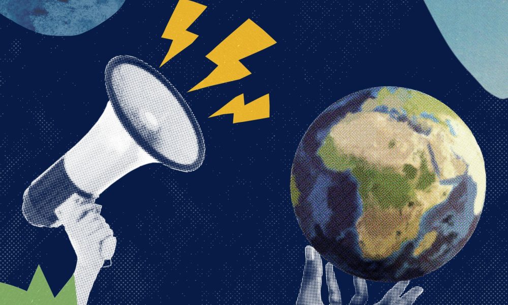 Collage of a megaphone, a hand holding up the planet earth, and a few blue and green colored blobs on a navy blue background.