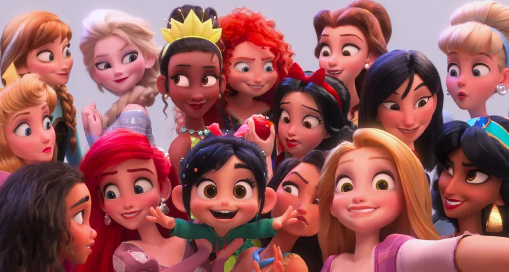 All of the Disney Princesses in one selfie-like image, a secne from Wreck it Raplh 2.