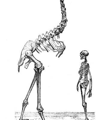 Giant Moa skeleton next to an adult human. Giant Moa is twice the height of the person.