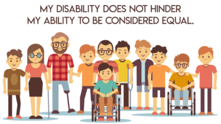Illustration of people with a variety of mobility aids beneath the words "my disability does not hinder my ability to be considered equal."