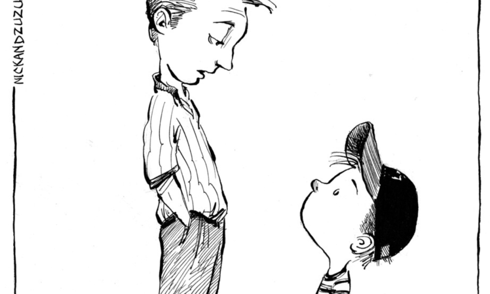 Cartoon of a father saying to a son "what's the point of living through you if you only come in second?"