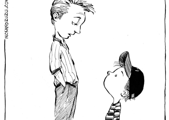 Cartoon of a father saying to a son "what's the point of living through you if you only come in second?"