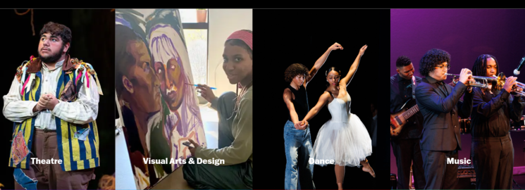 Images of students at the Boston Arts Academy performing theater, playing instruments, painting, and dancing.