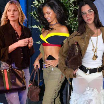 Celebrities Kate Moss, Tyla, and Dua Lipa, all photographed carrying Gucci bags.
