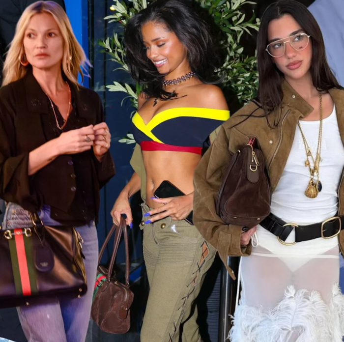 Celebrities Kate Moss, Tyla, and Dua Lipa, all photographed carrying Gucci bags.