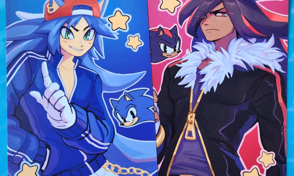 Artist renditions of Sonic and Shadow as they might appear as human characters in a manga.