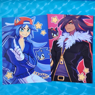 Artist renditions of Sonic and Shadow as they might appear as human characters in a manga.