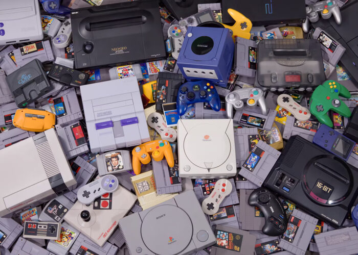 Photo of several retro gaming consoles and game cartridges in a scattered pile
